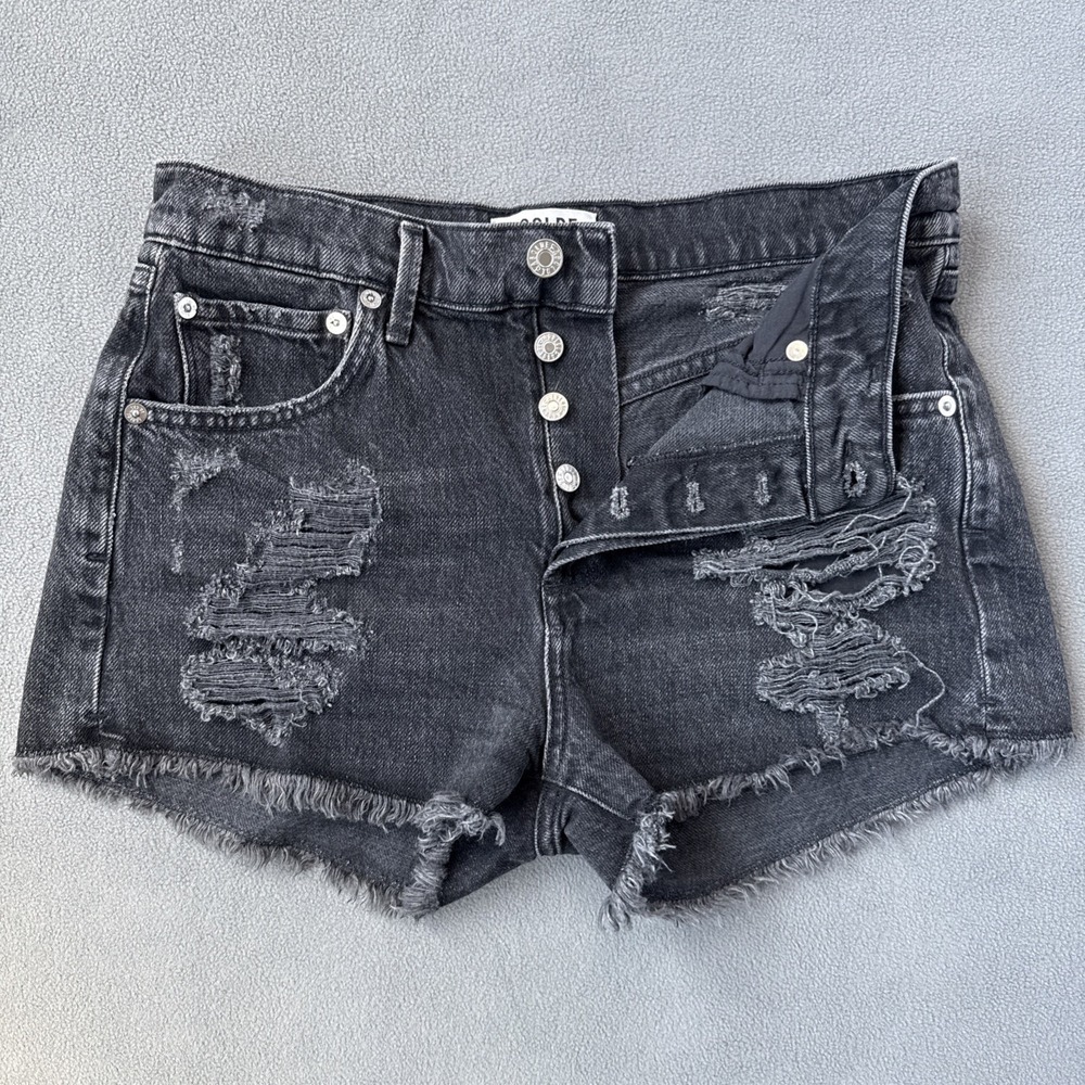 Agolde Parker Shorts Womens 27 Black 2" Cut Off High Rise Distressed Shred Denim
